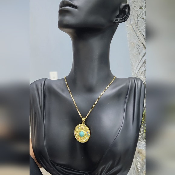 Gold Pendant Necklace with Turquoise Detail - Picture 3 of 4